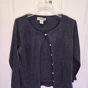 Kevo Women’s Silk Blend Metallic Button Front Cardigan Sweater Navy Shimmer L